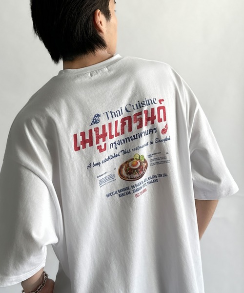 tシャツ 「JaVaジャバコラボ」お洒落見え確定。綿100％タイ料理メニュー風プリントルーズフィットTシャツ(オーバーサイズ) レディース | Java | 19