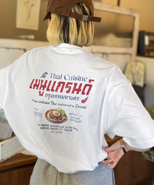 tシャツ 「JaVaジャバコラボ」お洒落見え確定。綿100％タイ料理メニュー風プリントルーズフィットTシャツ(オーバーサイズ) レディース | Java | 06