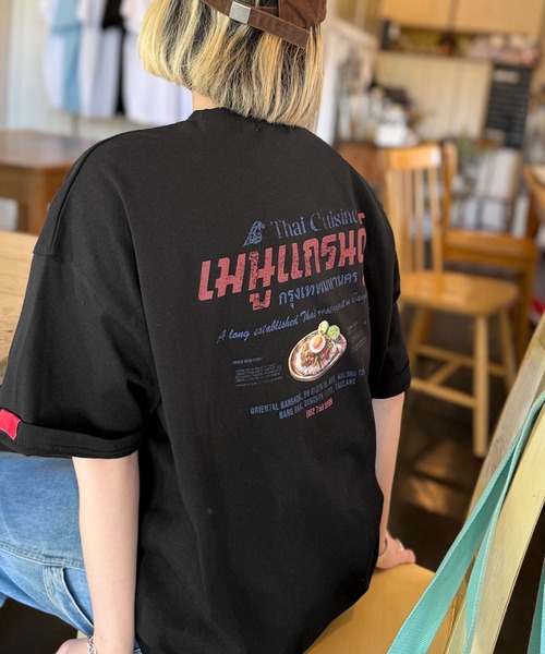 tシャツ 「JaVaジャバコラボ」お洒落見え確定。綿100％タイ料理メニュー風プリントルーズフィットTシャツ(オーバーサイズ) レディース | Java | 22