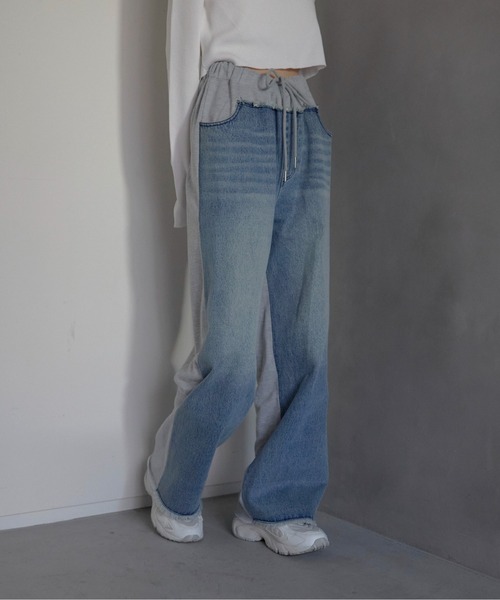 スウェットパンツ ジャージ 「MINERTE」denim docking sweat pants / デニムドッキングスウェットパンツ レディース | MINERTE | 05