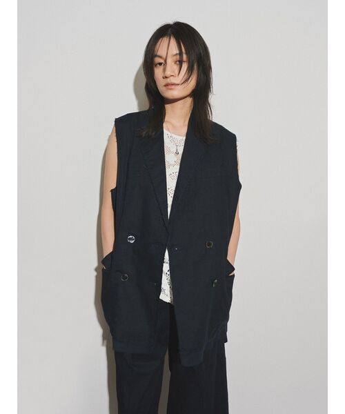 ベスト ジレ 「Htage」バックデザインリネン混ノースリジャケット レディース