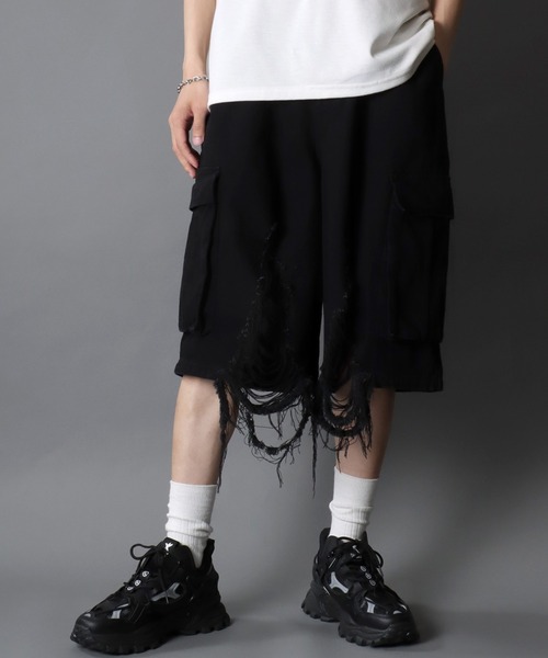 ダメージ加工 ブラック カーゴショートパンツ SITRY パンツ Clash Denim Cargo Shorts/クラッシュ ダメージ