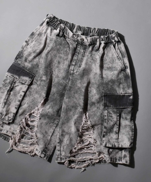 ダメージ加工 ブラック カーゴショートパンツ SITRY パンツ Clash Denim Cargo Shorts/クラッシュ ダメージ