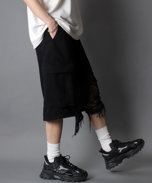 ダメージ加工 ブラック カーゴショートパンツ SITRY パンツ Clash Denim Cargo Shorts/クラッシュ ダメージ