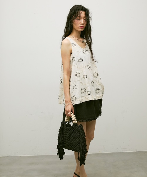 トートバッグ Wooden beaded handle macrame bag/ウッドビーズハンドル