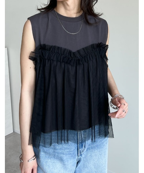 ブラウス シャツ チュールドッキングトップス レディース ENVYM ブラウス シャツ チュールドッキングショートシャツ