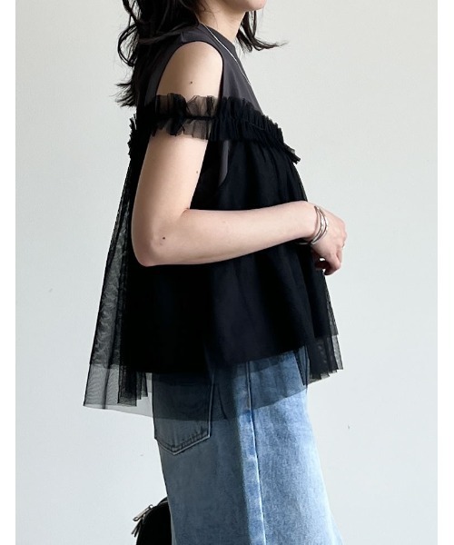 ブラウス シャツ チュールドッキングトップス レディース ENVYM ブラウス シャツ チュールドッキングショートシャツ
