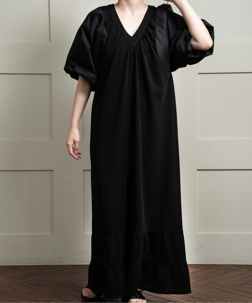美品 lawgy ディファレントマテリアルズVネックティアードワンピース F lawgy ワンピース different materials v neck tiered op