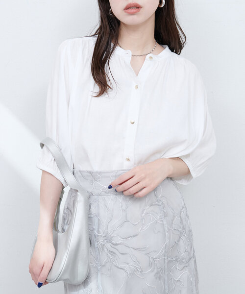 natural couture ブラウス シャツ 麻混ギャザーブラウス