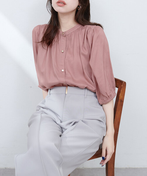ブラウス シャツ 裾ギャザー 麻混シャツブラウス レディース natural couture ブラウス シャツ 麻混ギャザーブラウス