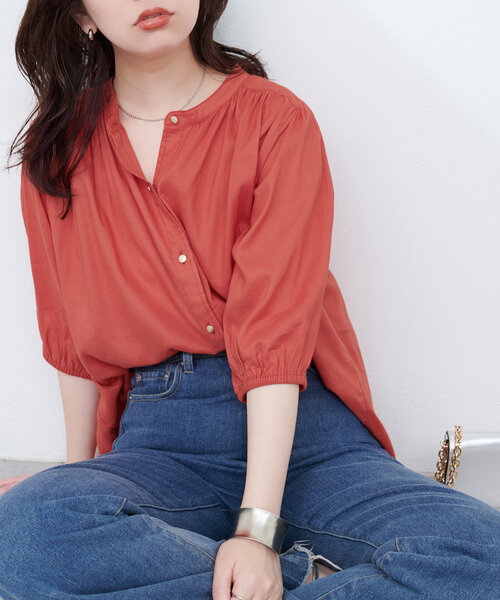 natural couture ブラウス シャツ 麻混ギャザーブラウス
