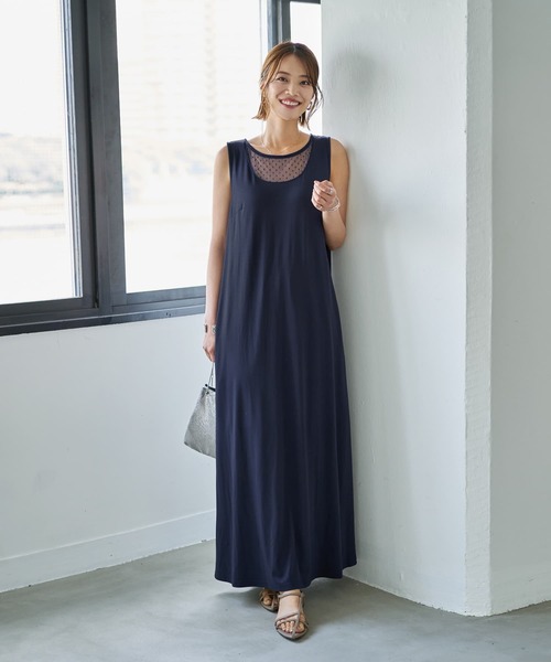 STYLE DELI ワンピース デコルテがシアーなドット柄カットソー