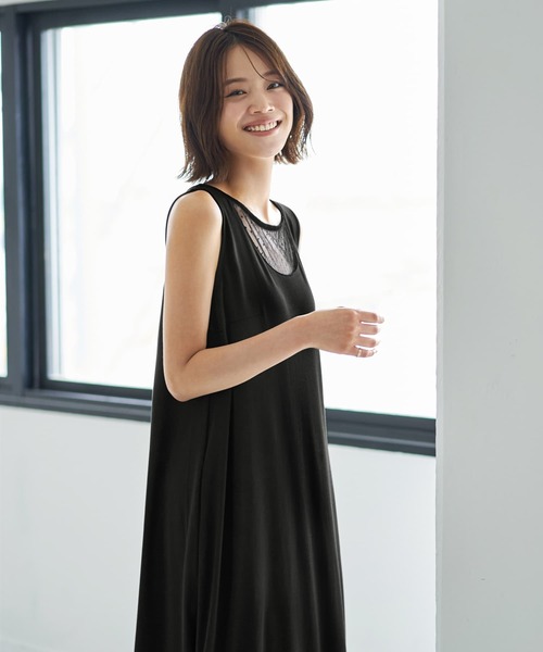 STYLE DELI ワンピース デコルテがシアーなドット柄カットソー