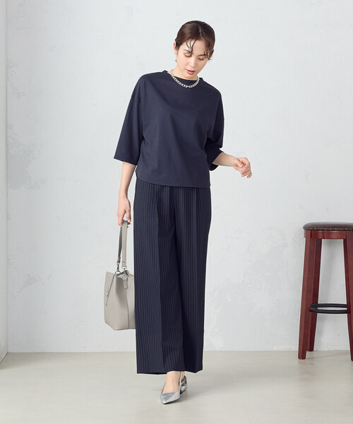 「COMME CA ISM」 7分袖カットソー LARGE ネイビー レディース