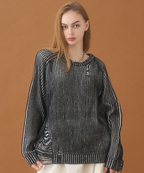 PLAN To セーター ニット Vintage Design Damaged Aze Knit