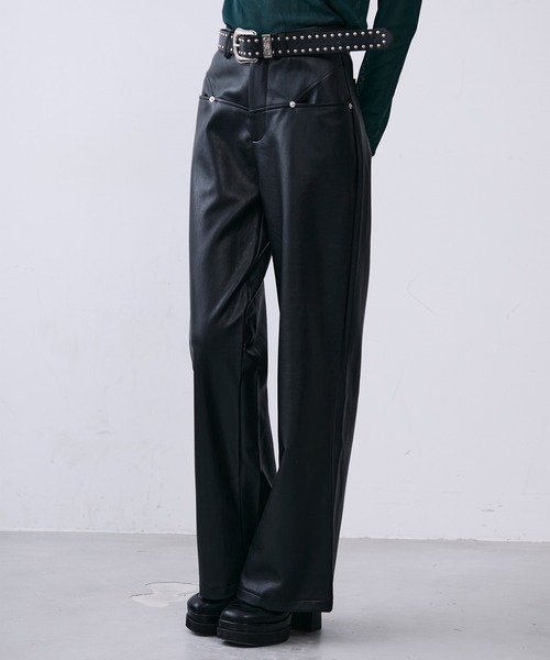 MONOe パンツ ベルト付きフェイクレザーストレートパンツ レディース