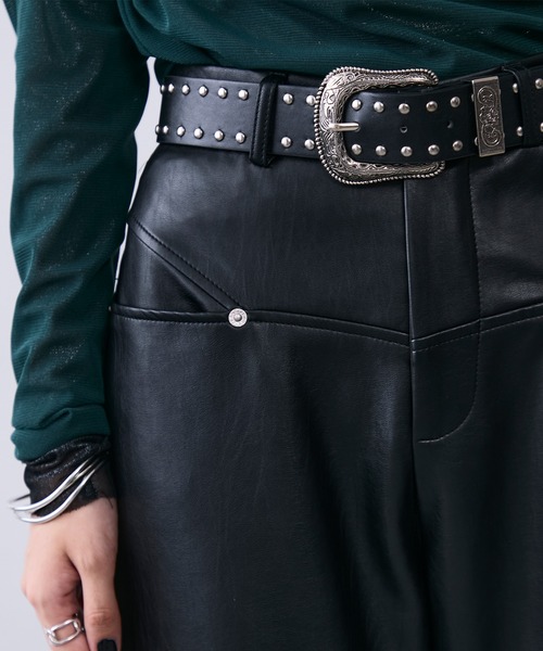MONOe パンツ ベルト付きフェイクレザーストレートパンツ レディース