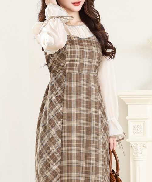 Anely ワンピース 配色 チェック柄 ドッキング ロング ワンピース Anely ワンピース 配色 チェック柄 ドッキング ロング ワンピース