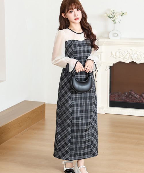 未使用級♡ルネ ロングワンピース チェック パール Aライン 黒×白 34/S Anely ワンピース 配色 チェック柄 ドッキング ロング ワンピース