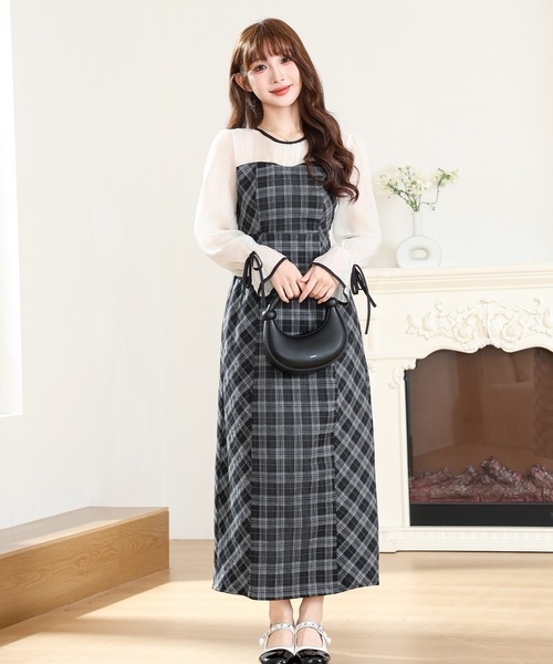 Anely ワンピース 配色 チェック柄 ドッキング ロング ワンピース