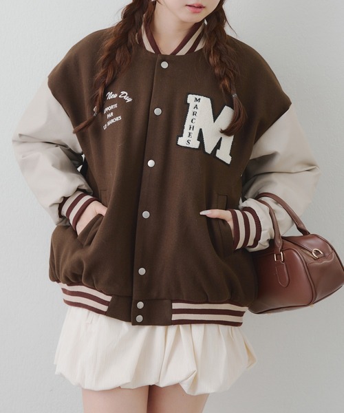 マルシェノア 希少 刺繍入りスタジャン ブラウン/アイボリー オシャレ