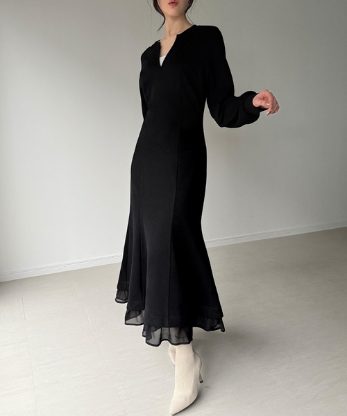 「JUNOAH」 長袖ワンピース LARGE ブラック レディース_画像3