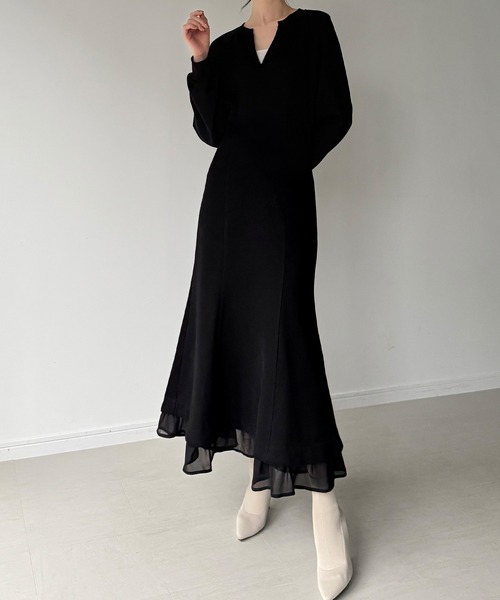 「JUNOAH」 長袖ワンピース LARGE ブラック レディース_画像4