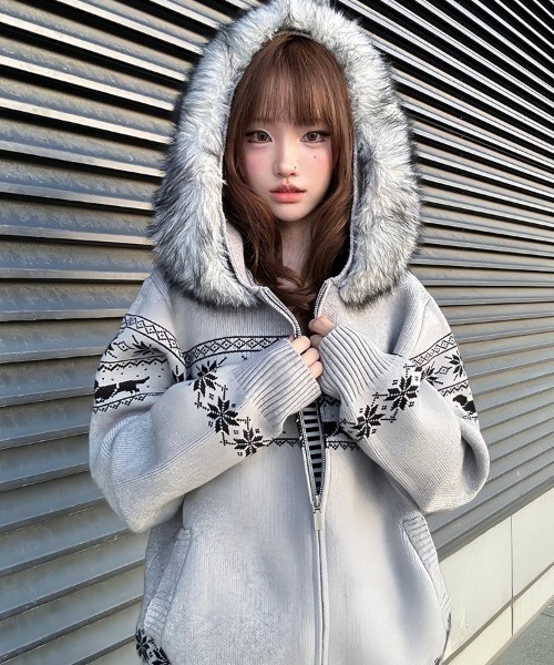 shameless カーディガン ノルディック柄エコファーフード付きニット