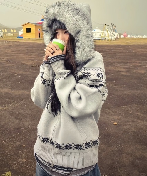 shameless カーディガン ノルディック柄エコファーフード付きニット