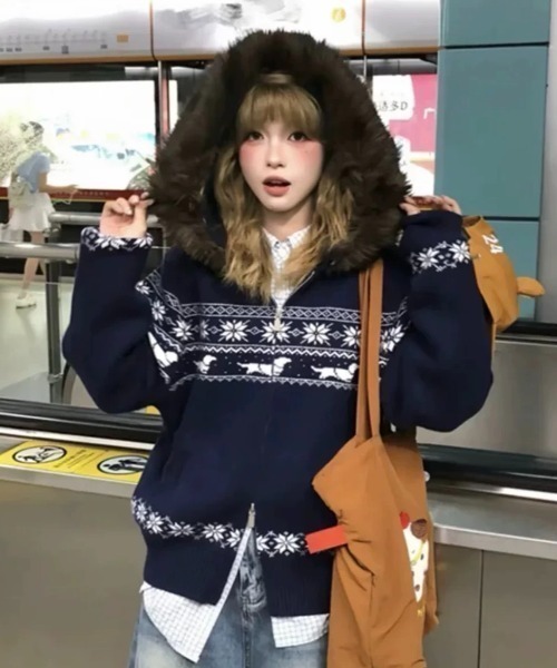 shameless カーディガン ノルディック柄エコファーフード付きニット