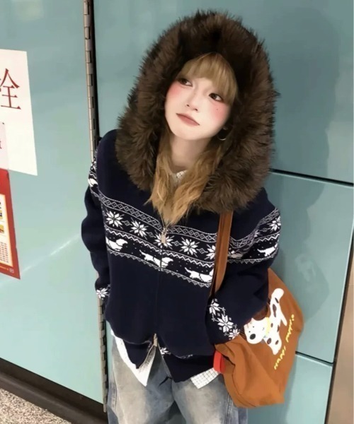 depound 冬の風景柄 ニットカーディガン フリーサイズ カーディガン wool blend nordic knit cardigan /ウールブレンド