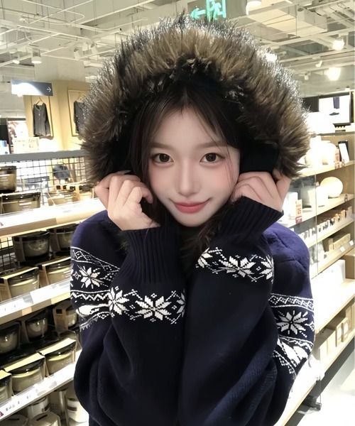 shameless カーディガン ノルディック柄エコファーフード付きニット