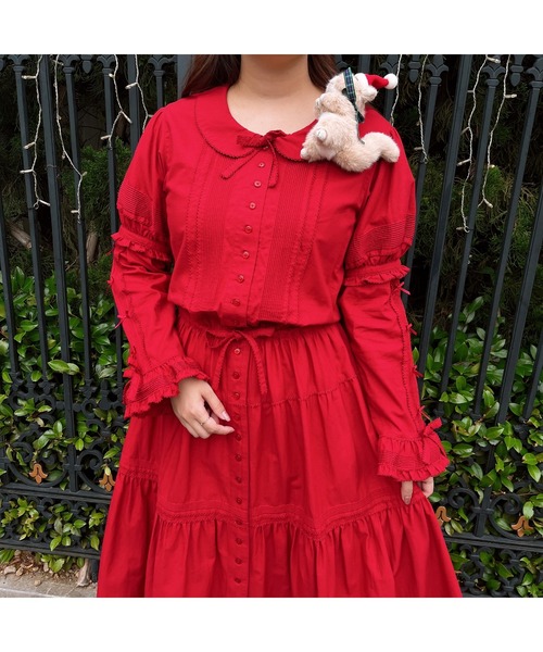 「PINK HOUSE」 長袖ワンピース フリー レッド レディース_画像7