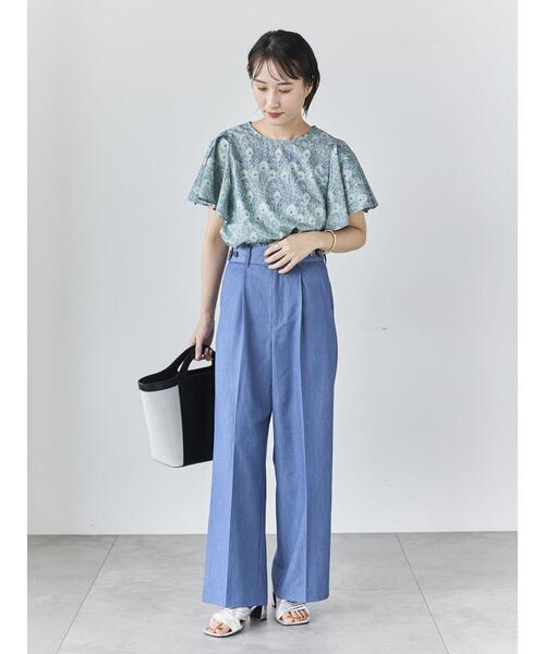 ワイドパンツ パンツ デニムライクシルキータッチワイドパンツ レディースの画像