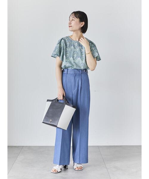 ワイドパンツ パンツ デニムライクシルキータッチワイドパンツ レディースの画像