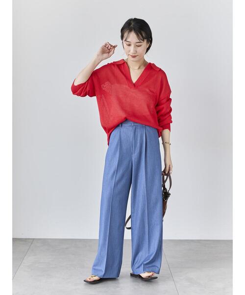 ワイドパンツ パンツ デニムライクシルキータッチワイドパンツ レディースの画像