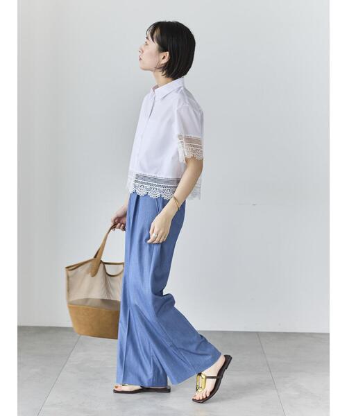 ワイドパンツ パンツ デニムライクシルキータッチワイドパンツ レディースの画像