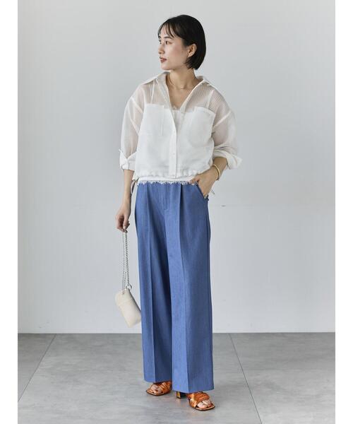 ワイドパンツ パンツ デニムライクシルキータッチワイドパンツ レディースの画像