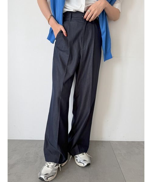 ワイドパンツ パンツ デニムライクシルキータッチワイドパンツ レディースの画像