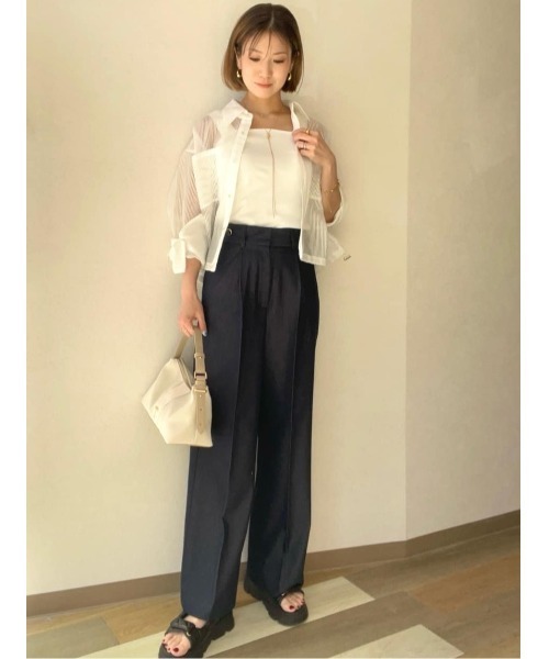 ワイドパンツ パンツ デニムライクシルキータッチワイドパンツ レディースの画像