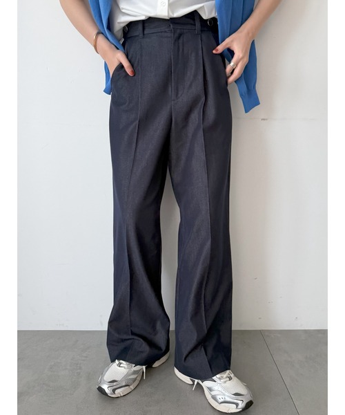 ワイドパンツ パンツ デニムライクシルキータッチワイドパンツ レディースの画像