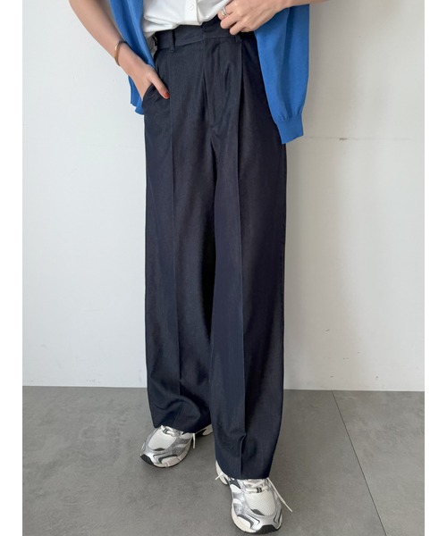ワイドパンツ パンツ デニムライクシルキータッチワイドパンツ レディースの画像