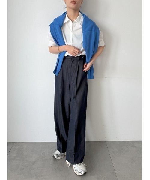 ワイドパンツ パンツ デニムライクシルキータッチワイドパンツ レディースの画像