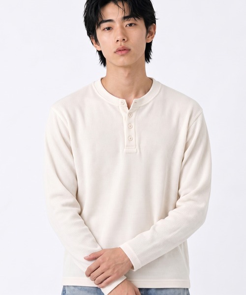 ヘンリーネック tシャツ クロップドワッフルヘンリーネック長袖Tシャツ