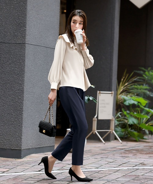 Flolia（フロリア） ブラウス シャツ フレアスタンドカラーブラウス