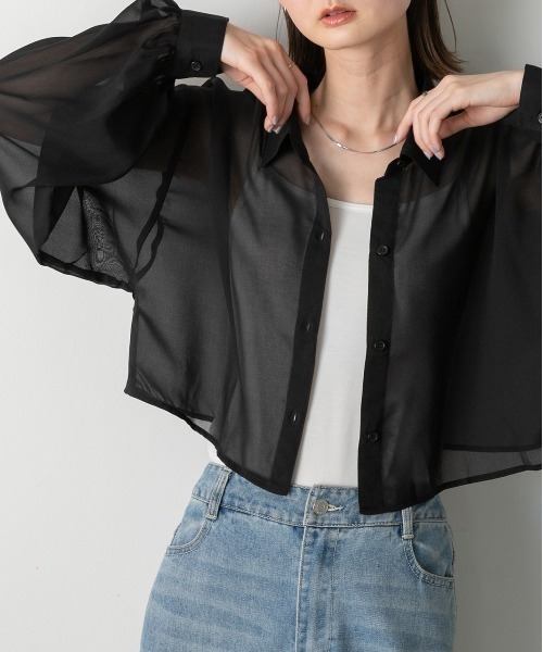 ワイドプリーツ シアー シースルー ショート丈 長袖シャツ 黒 ブラック 00s VINTAGE - ワイドプリーツ シアー シースルー ショート丈 長袖シャツ