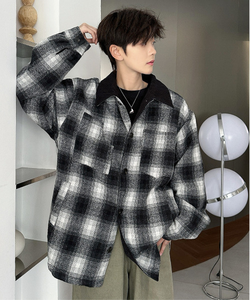 バーバリー　ノバチェック　アンゴラ混　ツイード生地　シャツ　ジャケット　Ｌ セール】ポリツイード CPO チェック シャツジャケット（シャツ
