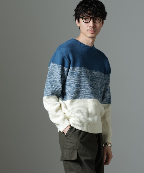 45rpm / ニットフーディー/3/ウール/ネイビー/ボーダー NANO universe（ナノ・ユニバース） セーター ニット ウールミックス