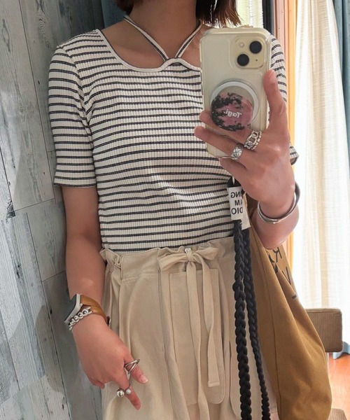 RANAN tシャツ バックリボンホルターネックリブトップス