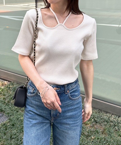 RANAN tシャツ バックリボンホルターネックリブトップス